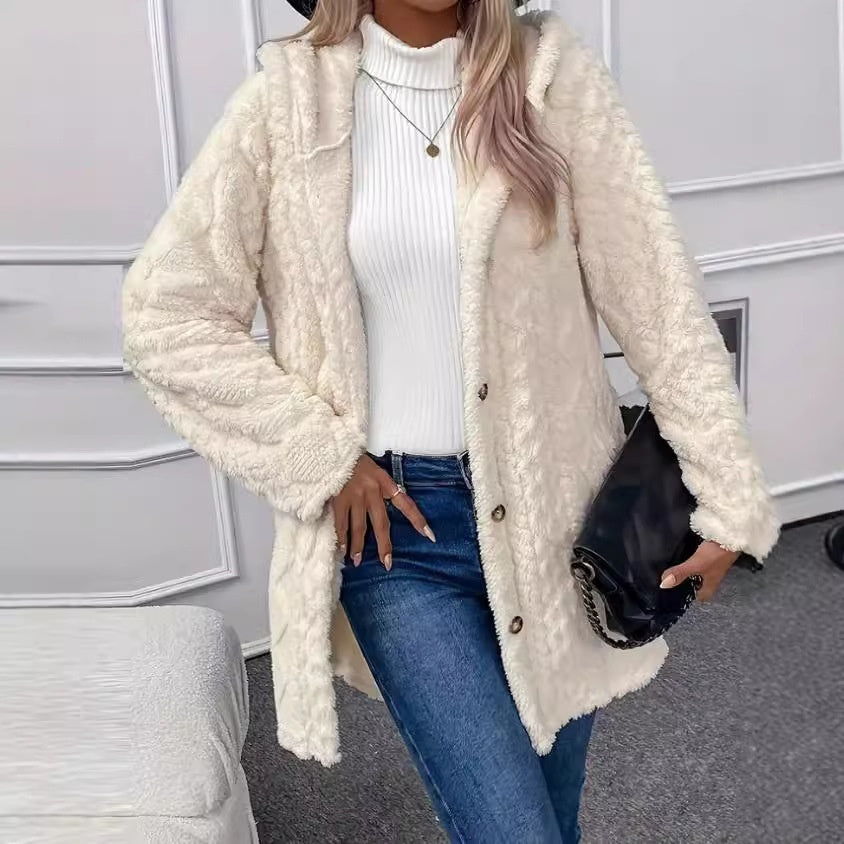 Cardigan à capuche boutonné de couleur unie