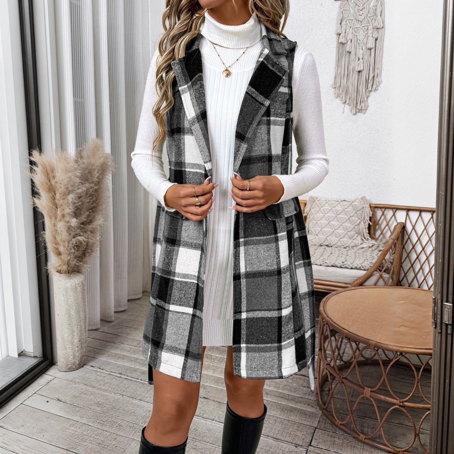 Gilet Femme à Carreaux – Style Rétro Élégant avec Col Chemise