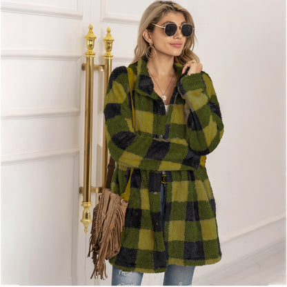 Veste Longue Femme à Carreaux Colorblock & Boutonnage Unique