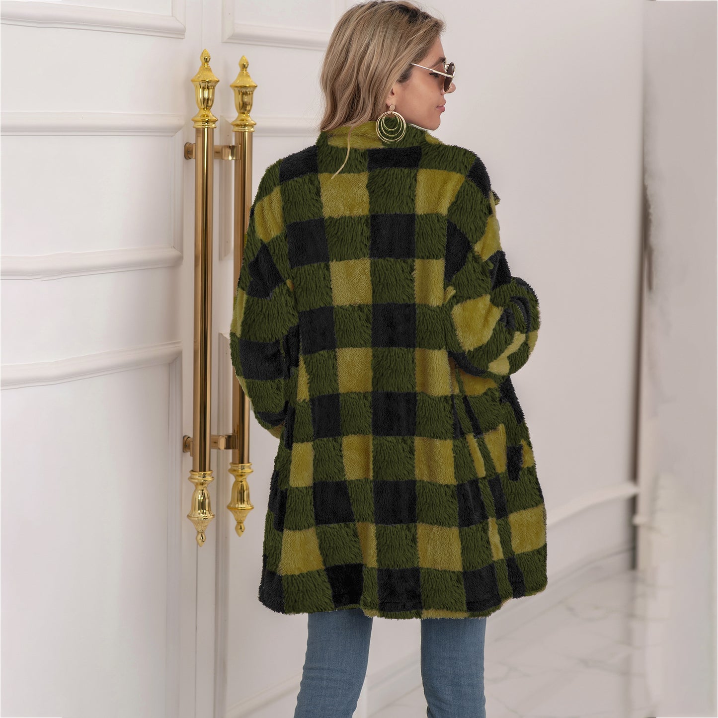 Veste Longue Femme à Carreaux Colorblock & Boutonnage Unique