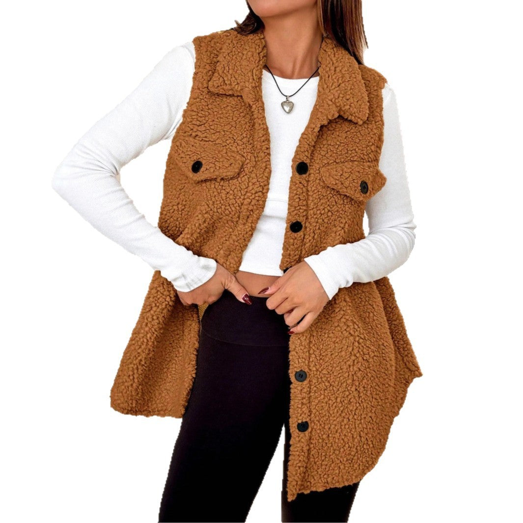 Gilet Cardigan Ouvert en Peluche à Revers
