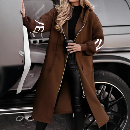 Parka Longue Femme – Capuche, Cordon à la Taille & Manches Tricotées
