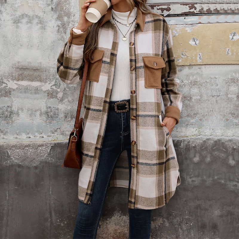 Manteau Long Femme – Style Carreaux Brossés avec Grandes Poches