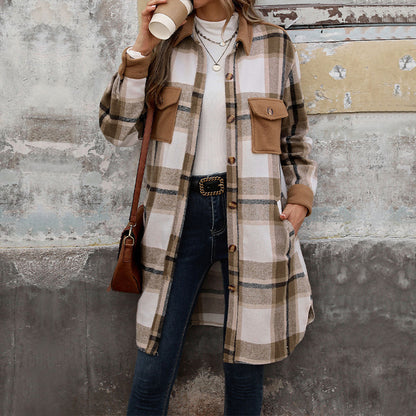 Manteau Long Femme – Style Carreaux Brossés avec Grandes Poches