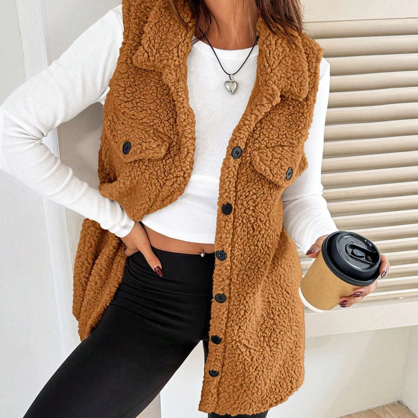 Gilet Cardigan Ouvert en Peluche à Revers