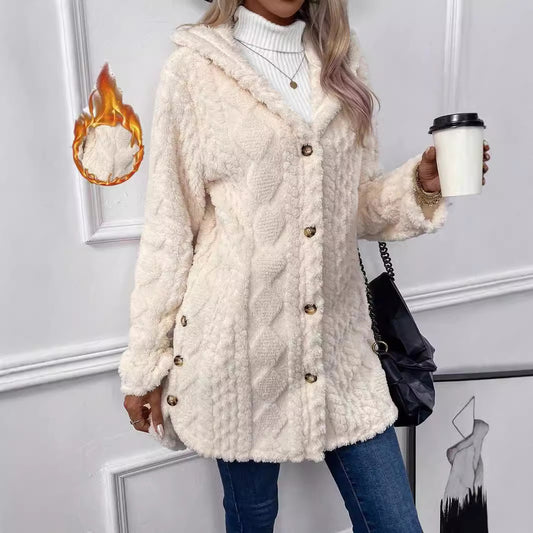 Cardigan à capuche boutonné de couleur unie