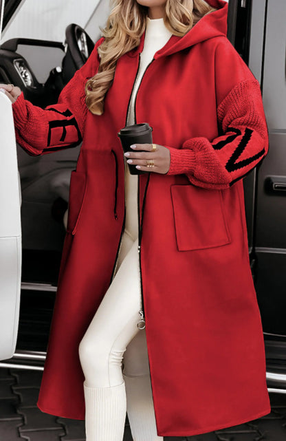 Parka Longue Femme – Capuche, Cordon à la Taille & Manches Tricotées