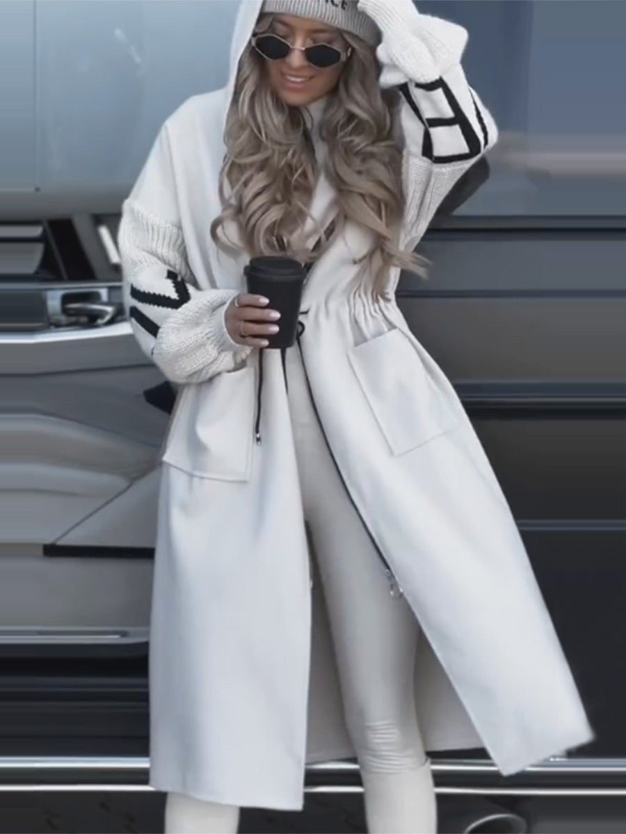 Parka Longue Femme – Capuche, Cordon à la Taille & Manches Tricotées
