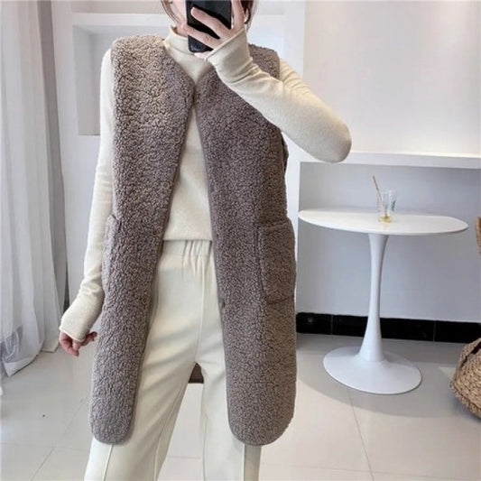 Gilet en laine d'agneau mi-long en fourrure tendance assorti
