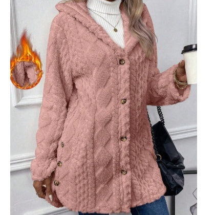 Cardigan à capuche boutonné de couleur unie