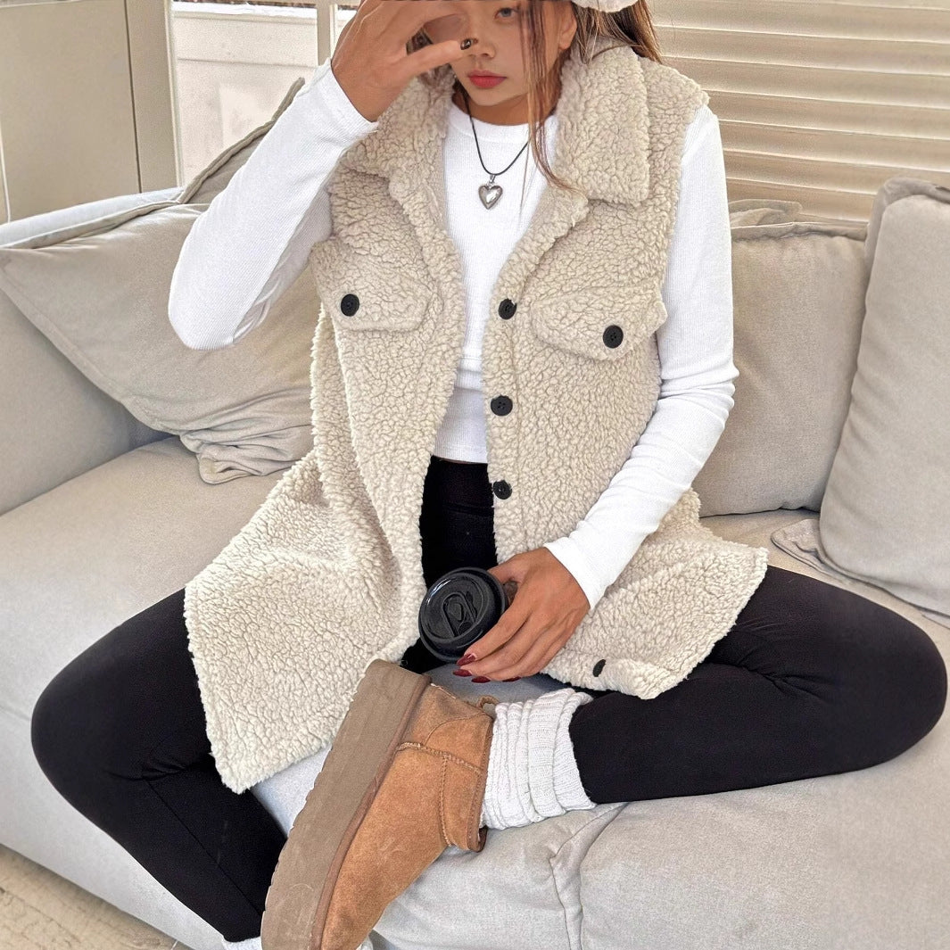 Gilet Cardigan Ouvert en Peluche à Revers
