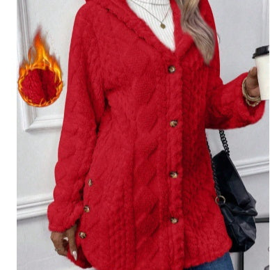 Cardigan à capuche boutonné de couleur unie
